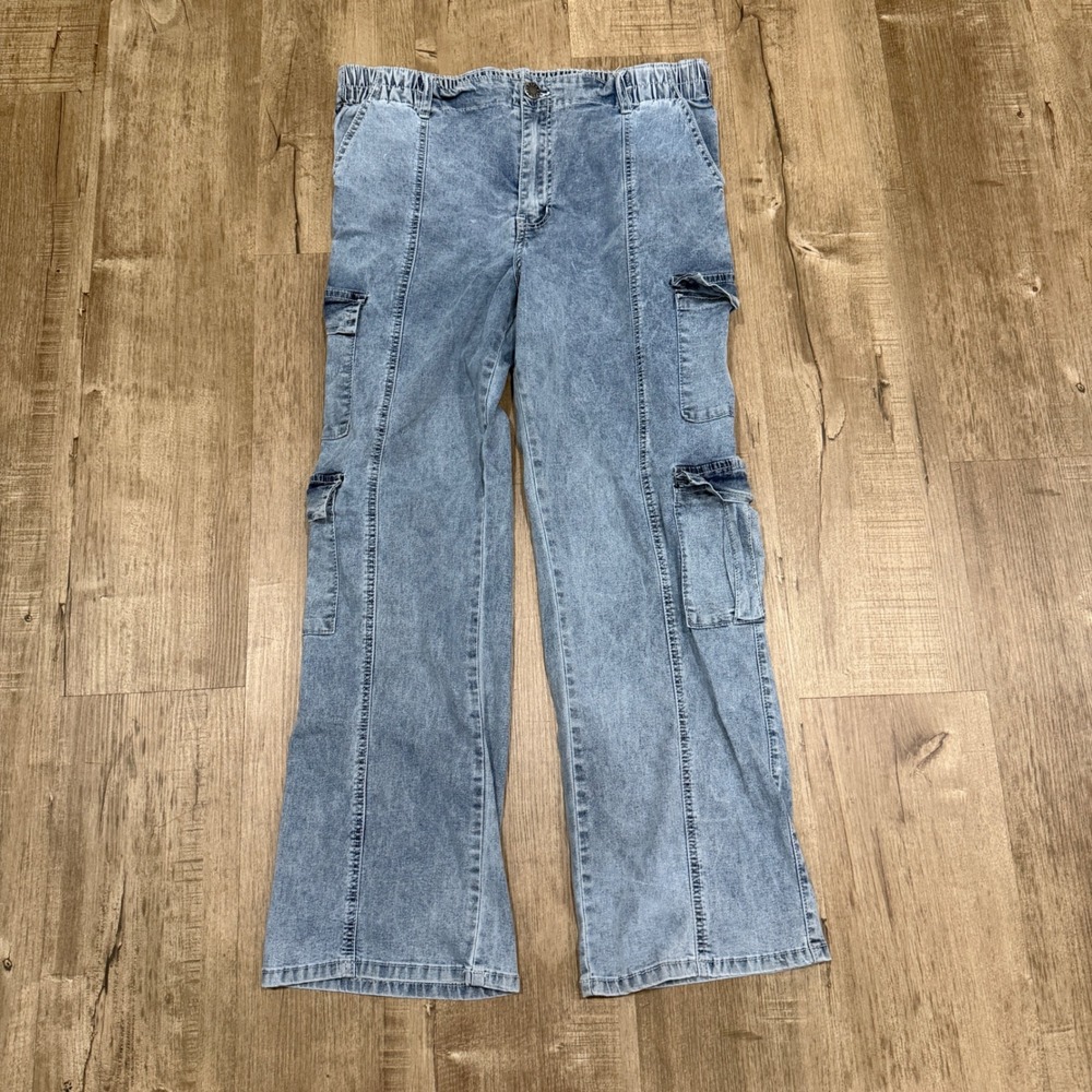 V.I.P. Cargo Jeans Juniors Size 15 Wide Leg High Rise Utility Denim Blue